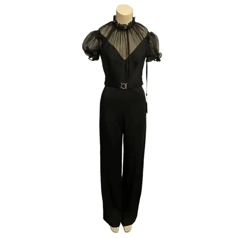 MAC DUGGAL BLACK BELTED ILLUSION HIGH NECK CAP SLEEVE‎ JUMPSUIT SZ 14 NWT - Picture 2 of 6